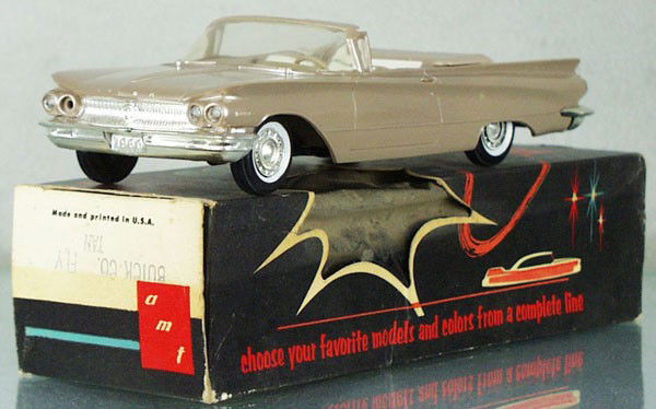 AMT 1960 BUICK INVICTA CONVERTIBLE PROMO: plastic, tan w/white inserts, minor body warp, missing 1 headlight, rear bumper loose, orig box minor wear, C8.