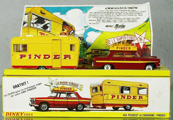DINKY FR882 PINDER CIRCUS PEUGEOT W/CARAVAN: a few minor chips on caravan, orig box & inserts minor wear, C8-9.