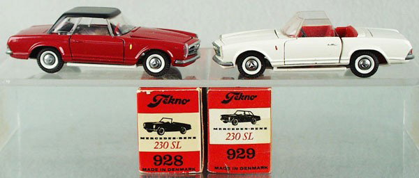 2 TEKNO MERCEDES 230SL'S: 929 in red w/a hard top, 928 in white, convertible, both have a minor chassis war, orig boxes minor wear, C9.