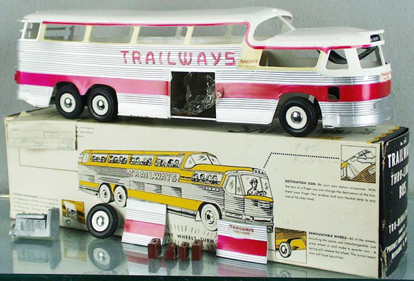 PMC 3254 1955 TRAILWAYS BUS PROMO: plastic, complete w/engine, spare tire, luggage & revolving destination board, both panels, some body warp, friction working, 17" long, orig box minor wear, C8-9.