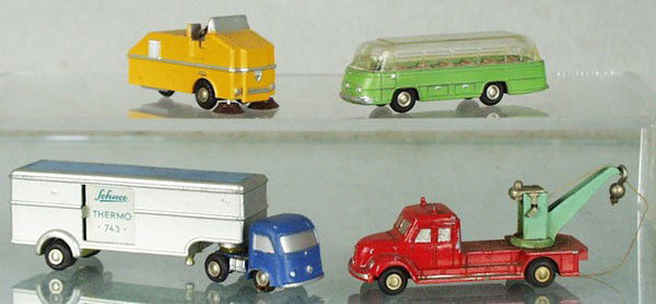 4 SCHUCO PICCOLOS: 758 Street Sweeper, 740 Bus, glue residue on chassis, 743 Thermo Truck, glue residue on chassis, 745 Wrecker, orig issues, C5-6.