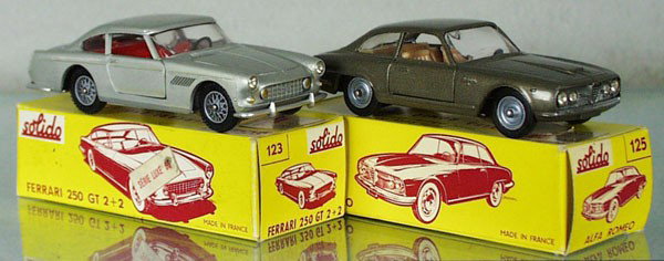 2 SOLIDO AUTOS: 123 Ferrari 250 GT 2+2, 125 Alfa Romeo, both have unused decal sheets affixed to bases, orig boxes minor wear, C9-10.