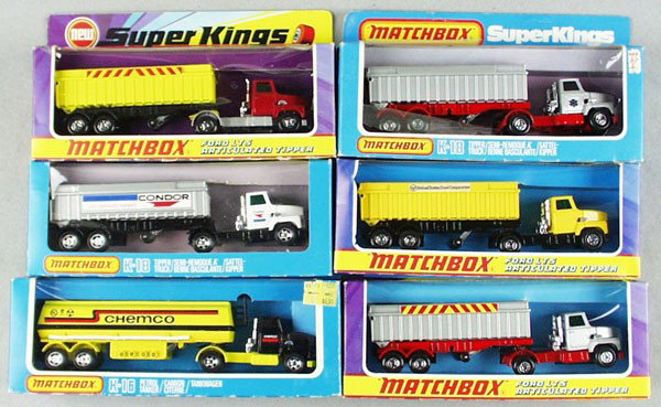 6 MATCHBOX SUPER KING TRUCKS: K16, 5 #K18, all different, orig boxes minor wear, 1 worn, C9-10.