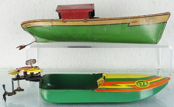 2 TOY BOATS: Chein Launch, 10" long, motor loose but working, English Speed Boat, 11" long, windup working, both are litho tin, C5-6.