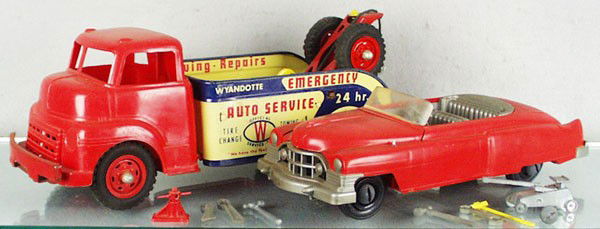 WYANDOTTE & IDEAL VEHICLES: Wyandotte Wrecker, plastic & litho tin, 15" long, Ideal Cadillac, plastic, 13" long, w/die cast & plastic tools, C5.