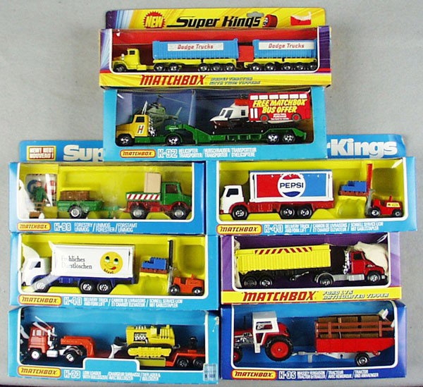8 MATCHBOX SUPER KING TRUCKS: K98, K92, K40, K16, K35, K18, K23, K40, orig boxes, 2 have minor wear, C9-10.