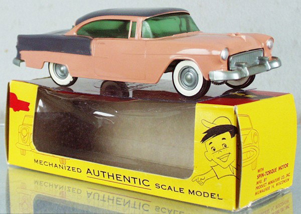 PMC 1955 CHEVY BEL AIR PROMO: plastic, coral & gray, front bumper broken, body warped, friction working, orig box minor wear & marked Corvette, C7-8.
