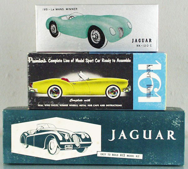 3 SPORTS CAR KITS: Rods Jaguar XK120C, wood, Premiers Kaiser Darrin, plastic, Ace Jaguar XK120, wood, all are unassembled w/instructions, orig boxes minor wear, C9-10.
