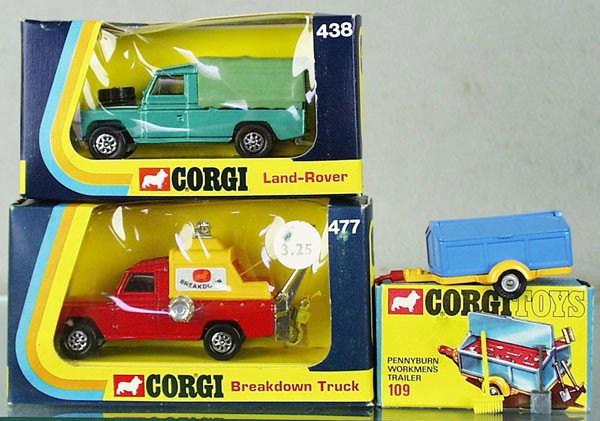 3 CORGI VEHICLES: 109 Pennyburn Workman's Trailer, w/tools, broom & shovel, 438 Land-Rover, 477 Breakdown Truck, orig boxes & 2 inserts, minor wear, C9.