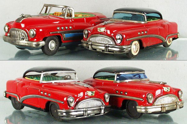 4 TIN BUICKS: Japanese, friction working, MT Convertible, 11 1/2" long, 3 Sedans, 11" long, cars have replaced parts & some missing parts, C4-5.