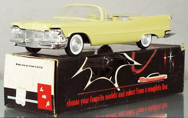 SMP 1958 CHRYSLER IMPERIAL CONVERTIBLE PROMO: plastic, yellow w/silver inserts, friction working, minor body warp, windshield crazing, orig box minor wear, C8-9.