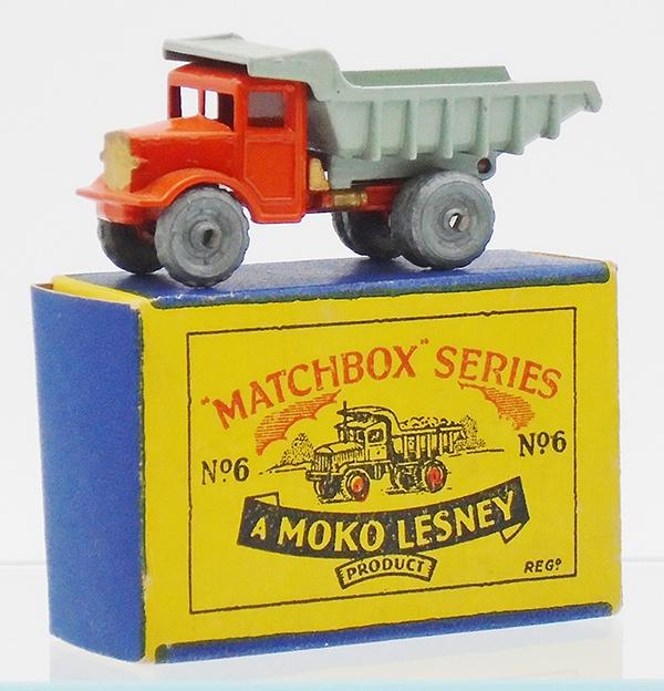 MATCHBOX 6A1 QUARRY TRUCK: orange body, gray dump, metal wheels, crimped axles, pin prick chip on bumper, B1 orig box, C9.