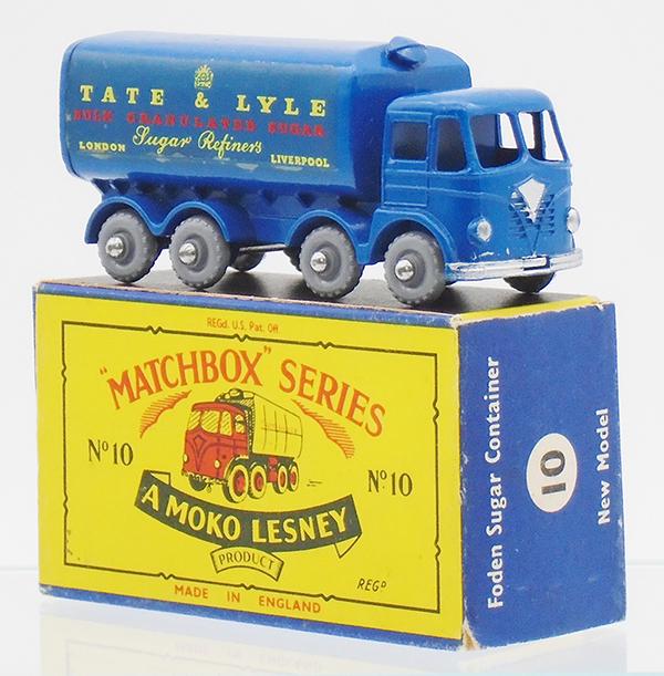 MATCHBOX 10C1 FODEN SUGAR TRUCK: dark blue body & base, Crown on rear decal, 9 X 20 gray plastic wheels, B5 new model orig box, C9.