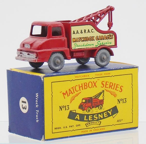 MATCHBOX 13C1 THAMES WRECK TRUCK: red body, open lattice boom, 19 mm red metal hook, 11 X 24 knobby gray plastic wheels, minor chips, C1 orig box minor wear, C8.