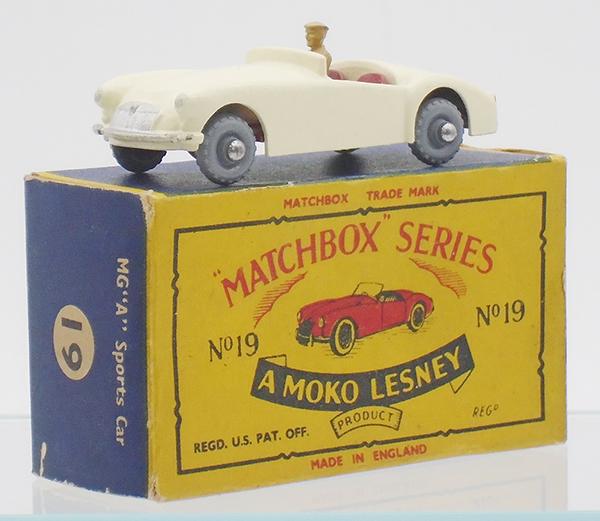 MATCHBOX 19B5 MGA SPORTS CAR: off-white body, red base & interior, 9 X 20 gray plastic wheels, dome rounded axles, C9.