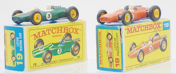 2 MATCHBOX 19D LOTUS RACING CARS: 19D2, dark green body, no decal guide, #3 decal, longer exhaust brace, 19D15, orange body, #3 labels, body type A, base, exhaust & rims type B, tiny pin prick to front tip & near engine cowl, orig box