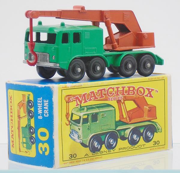 MATCHBOX 30C3 8-WHEEL CRANE: green body, orange boom, red hook, chip to rear of cab, E4 orig box, C9.
