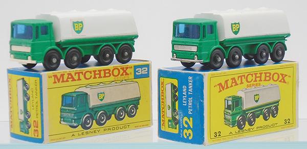 2 MATCHBOX LEYLAND PETROL TANKERS: 32C2, green cab & chassis, white tank, silver grille, BP decal, black plastic wheels, 1 decal has bled green onto tank, tank has a small chip, F2 orig box, 32C12, green cab & chassis, white tank, whit
