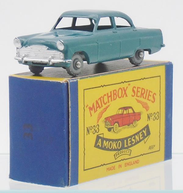 MATCHBOX 33A3 FORD ZODIAC MKII SEDAN: dark green body, matte black base, type B roof w/ejector ring, 8 X 18 metal wheels, dome crimped axles, B2 orig box, C9.