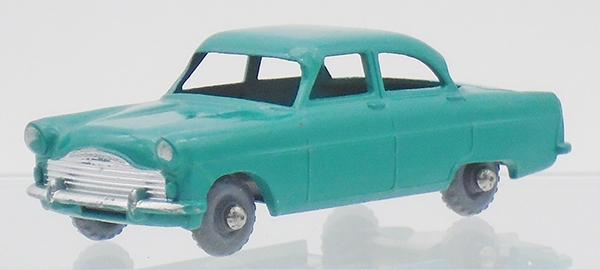 MATCHBOX 33A9 FORD ZODIAC MKII SEDAN: sea green body, glossy black base, type C roof interior, masked painted silver & red trim, 9 X 20 gray plastic wheels, rounded axles, tiny pin prick to trunk, C9.