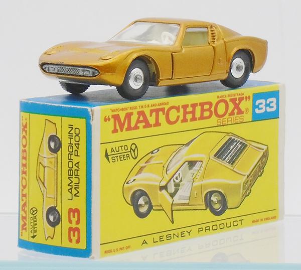 MATCHBOX 33C4 LAMBORGHINI MIURA P400: gold body, ivory plastic interior, frosted rear window, F2 orig box, C9.