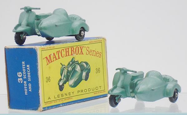 2 MATCHBOX 36B LAMBRETTA SCOOTERS & SIDECARS: 36B1, pale metallic green body, type A base, 9 X 24 knobby black plastic wheels, D2 orig box, 36B2, pale metallic green body, type A base, 10 X 24 knobby black plastic wheels, C9.