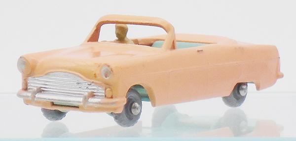 MATCHBOX 39A7 FORD ZODIAC CONVERTIBLE: pale peach body, light green base & interior, mask sprayed silver trim on front & rear, red tail lights, 8 X 18 gray plastic wheels, dome crimped axles, chips to top of windshield, C8-9.