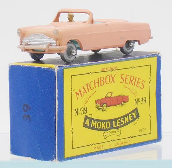 MATCHBOX 39A11 FORD ZODIAC CONVERTIBLE: rich peach body, blue green base & interior, mask sprayed silver trim on front & rear, red tail lights, 9 X 20 silver plastic wheels, rounded axles, chips on passenger side door, fin tips & top of win