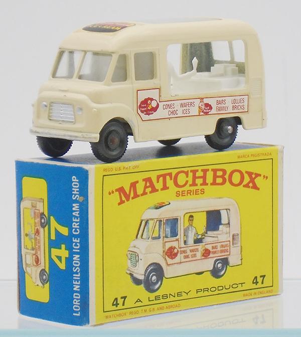 MATCHBOX 47B23 ICE CREAM SHOP CANTEEN: Lord Nelson Ice Cream Shop, cream body, oval roof decal, white side decals, man w/legs, white interior, 11 X 45 fine black plastic wheels, extra silver paint from bumper on fender, 1 small chip, E3 or
