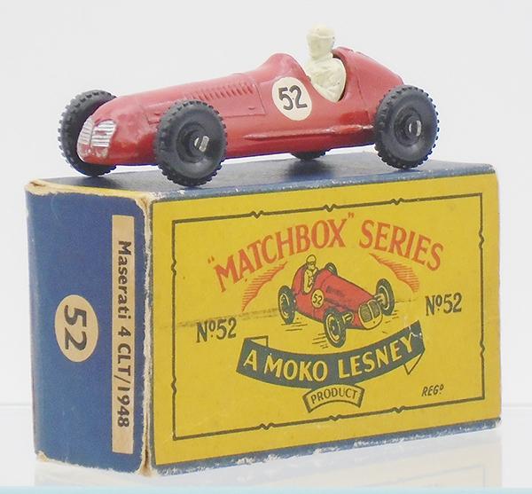 MATCHBOX 52A3 MASERATI RACER: red body, silver trim, #52 decals,12.5 X 30 black plastic wheels, rounded axles, very small chips & minor wear, B4 orig box worn & missing an end flap, C8-9.