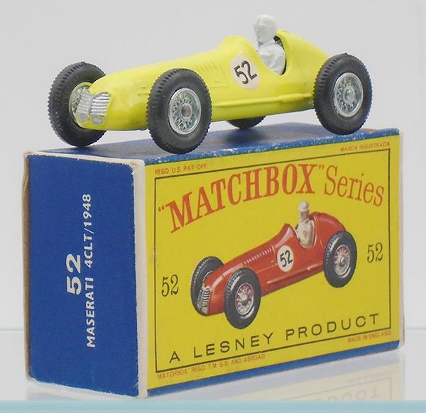 MATCHBOX 52A9 MASERATI RACER: yellow body, silver trim, #52 decals, spoke wheels, black plastic tires, 1 chip on cowl, D2 orig box, C9.