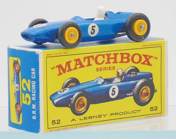 MATCHBOX 52BX BRM RACING CAR: very dark blue body, rare variation not listed in Stannard, #5 labels, E3 orig box w/car facing left, C9.