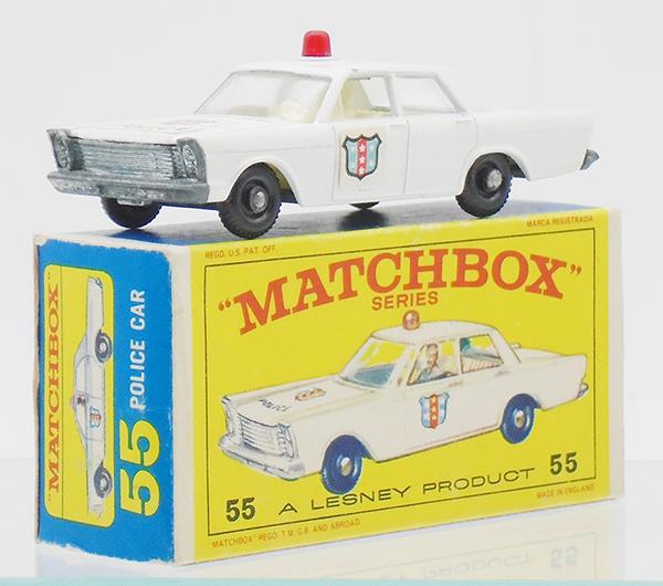 MATCHBOX 55C4 POLICE CAR: white body, red dome light, labels on doors & hood, tiny chips, E4 orig box, C9.