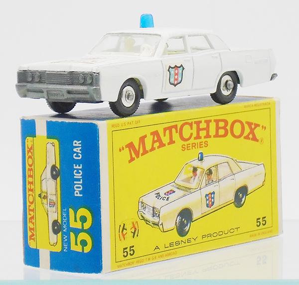 MATCHBOX 55D4 POLICE CAR: white body, blue dome light, labels on doors & hood, Mercury on raised base, tiny chips to hood otherwise clean, E4 new model orig box, C8-9.