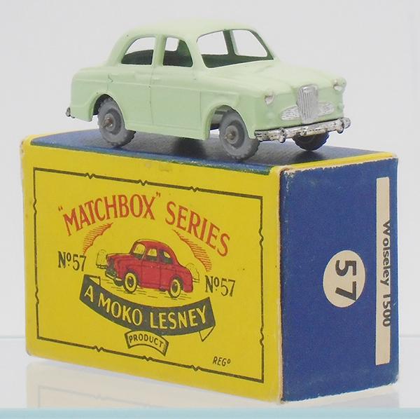 MATCHBOX 57A3 WOLSELEY: pale green body, 9 X 20 gray plastic wheels, crimped axles, silver trim, box rub to high points, long B4 orig box, C9.