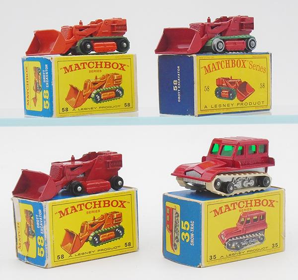 4 MATCHBOX VEHICLES: 58B8 Drott Excavator, orange body & motor, no gaps in arm, E4 orig box, 58B5 Drott Excavator, red body, silver motor & rollers, gap in arm casting, rubs on shovel, D2 orig box, 58B4 Drott Excavator, r