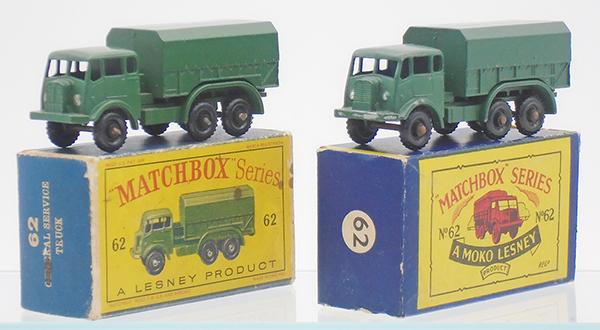 MATCHBOX 62A ARMY SERVICE TRUCKS: 62A2, olive body, black plastic wheels, rounded axles, B2 orig box has minor wear, 62A1, olive body, black plastic wheels, crimped axles, D1 orig box is worn, C9.