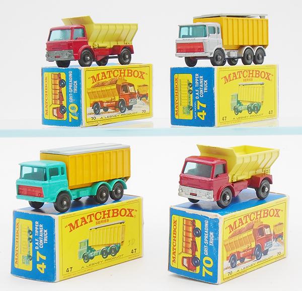 MATCHBOX VEHICLES: 70B2 Grit Spreader, red cab, yellow dump, black slide, green windows, type B base, thin rear axle supports, small chip on rear, E4 orig box has minor wear, 47C1 DAF Tipper Truck, aqua body, gray plast