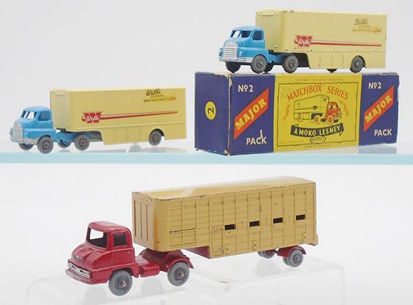 3 MATCHBOX MAJOR PACKS: M2A1 Bedford Ice Cream Truck, chipped, M2A2 Bedford Ice Cream Truck, orig box minor wear, M7A1 Jennings Cattle Truck, chipped, C6-8.