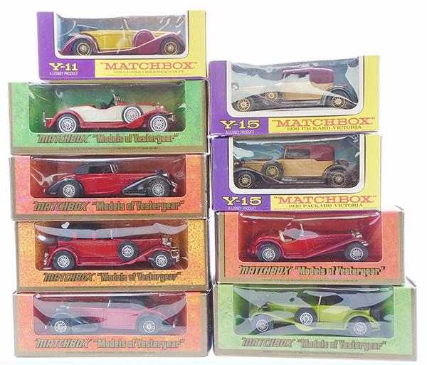 9 MATCHBOX MODELS OF YESTERYEAR: Y11C4, Y14C2, Y17A1, Y4D2, Y17A1, Y15B2, Y15B2, Y3C5, Y16B3, orig boxes & inserts minor wear, C8-9.