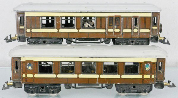 2 BING COACHES: O ga, handpainted tin, w/interiors & lighting, some alligatoring to paint, C5-6.