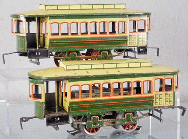 BING TROLLEY & TRAILER: O ga, litho tin, power car has deep paint chips on roof & 1 side, trail car has paint flaking on chassis bottom, both have small touch up spots, C5-7.