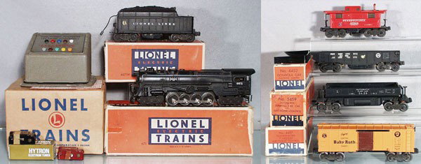 LIONEL 4109WS ELECTRONIC SET: O ga, 671R loco, decal missing on 1 side, 4671W tender, both decals chipped, 4454 PRR box car, 4452 gondola, both decals chipped, 5459 dump car, 1 decal worn, 4457 caboose, missing decal on 1 side, ot