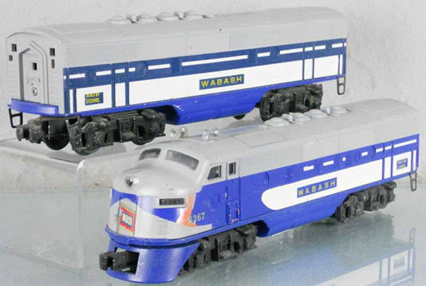 LIONEL 2367 WABASH F3 AB DIESELS: O ga, A unit has large paint chip on nose & other small paint chips, 2367 B unit, rubberstamped version, C5-7.