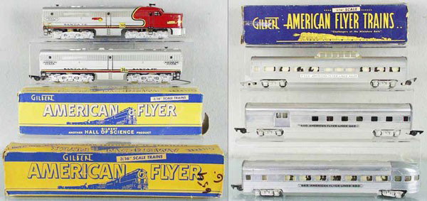 AMERICAN FLYER TRAIN SET: S ga, 360 loco, 364 B unit, both have chipped decals, 660 combine, 662 vista dome, 663 obsv, orig boxes rough, C5.