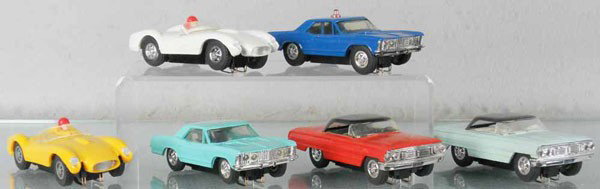 6 LIONEL SLOT CARS: 1/32 scale, 2 Ferraris, 2 Buick Rivieras, State Police, 2 Ford Galaxies, 1 has lights, C5-7.