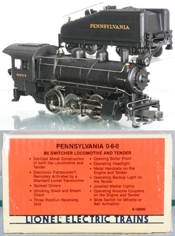 LIONEL 18000 PRR SWITCHER & TENDER: O ga, B6 switcher loco & tender, w/sound & smoke, orig box & insert, C9-10.