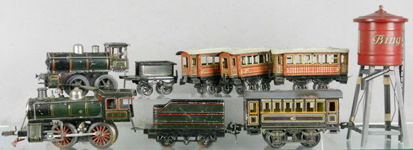 EUROPEAN TRAIN LOT: O ga, KBN loco, tender, Carette coach w/repainted roof, Issameyer loco, missing smokestack, clockwork working, tender & 3 coaches, Bing water tower, C3-4.