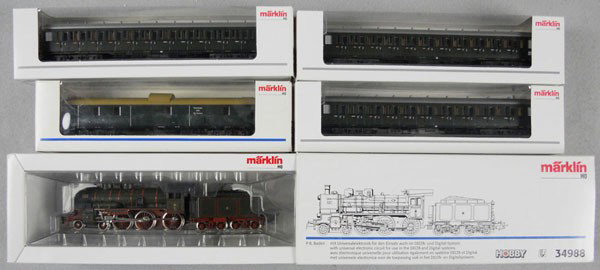 MARKLIN GERMAN TRAIN SET: HO ga, 34988 Prussian P8 loco & tender, w/cars 4186, 43100, 43110, 43119, orig boxes & inserts, C9-10.