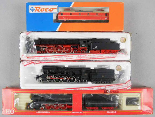 ROCO, RIVAROSSI & LILIPUT LOCOS: HO ga, Roco 43935, Rivarossi 1091, Liliput 10615 & 10508, all are factory made 3-rail for Marklin track, orig boxes minor wear, C8-9.